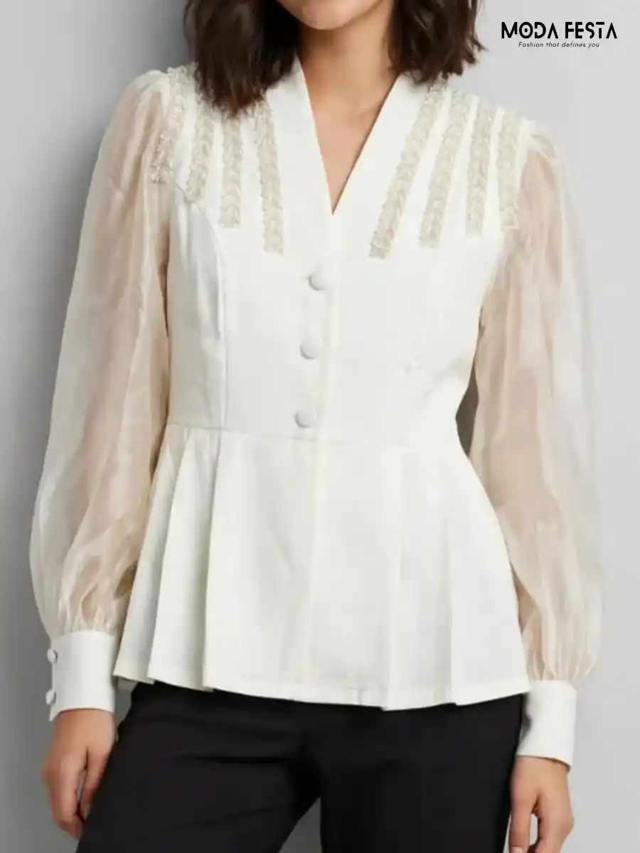 ModaFesta -white-beaded-mandarin-v-neck-organza-sleeve-peplum-top