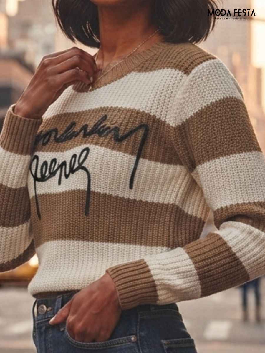 ModaFesta -brown-off-white-striped-embroidered-knit-top
