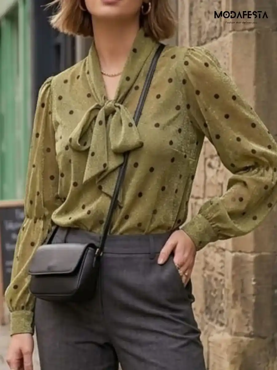 Elegant Chiffon Polka Dot Shirt Tie Up Neck