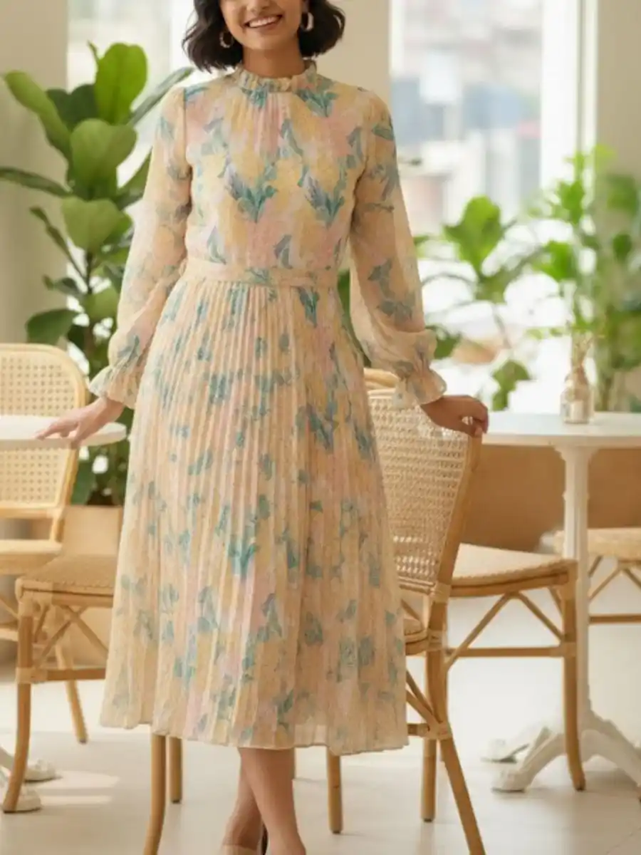 Elegant Floral Print Dress Green