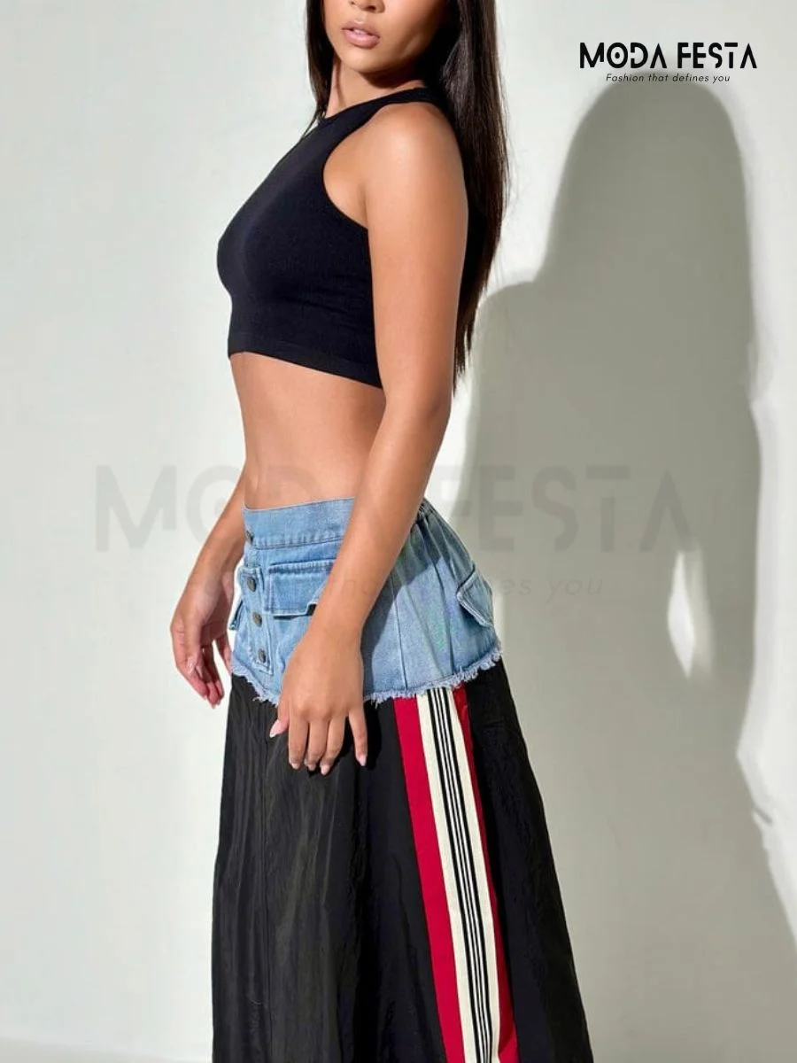 ModaFesta -denim-two-side-strip-skirt-blue