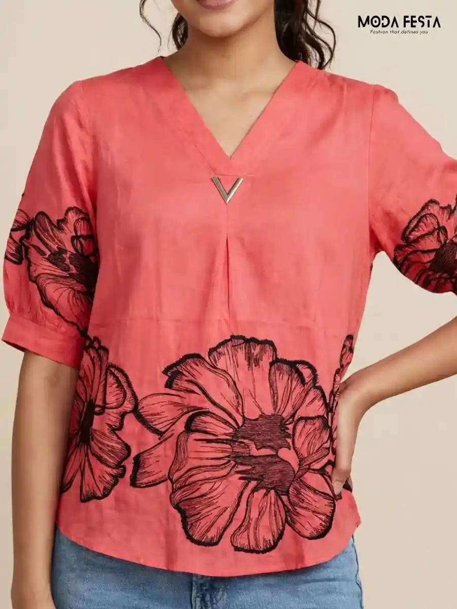 ModaFesta -coral-oversized-floral-print-top