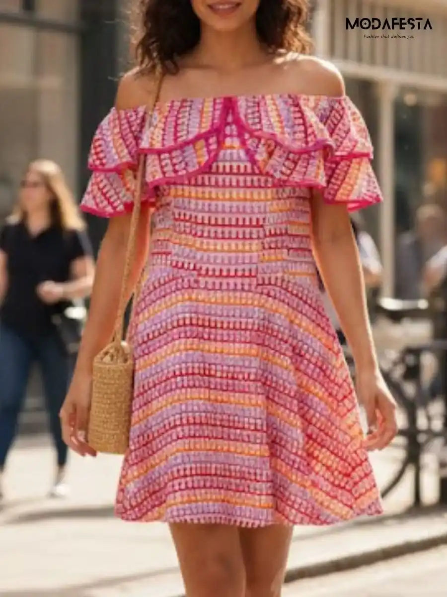 Multi Color Off Shoulder Ruffle Mini Dress