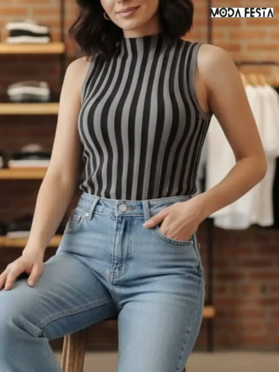 ModaFesta -elegant-high-neck-stripes-knit-top-black-grey