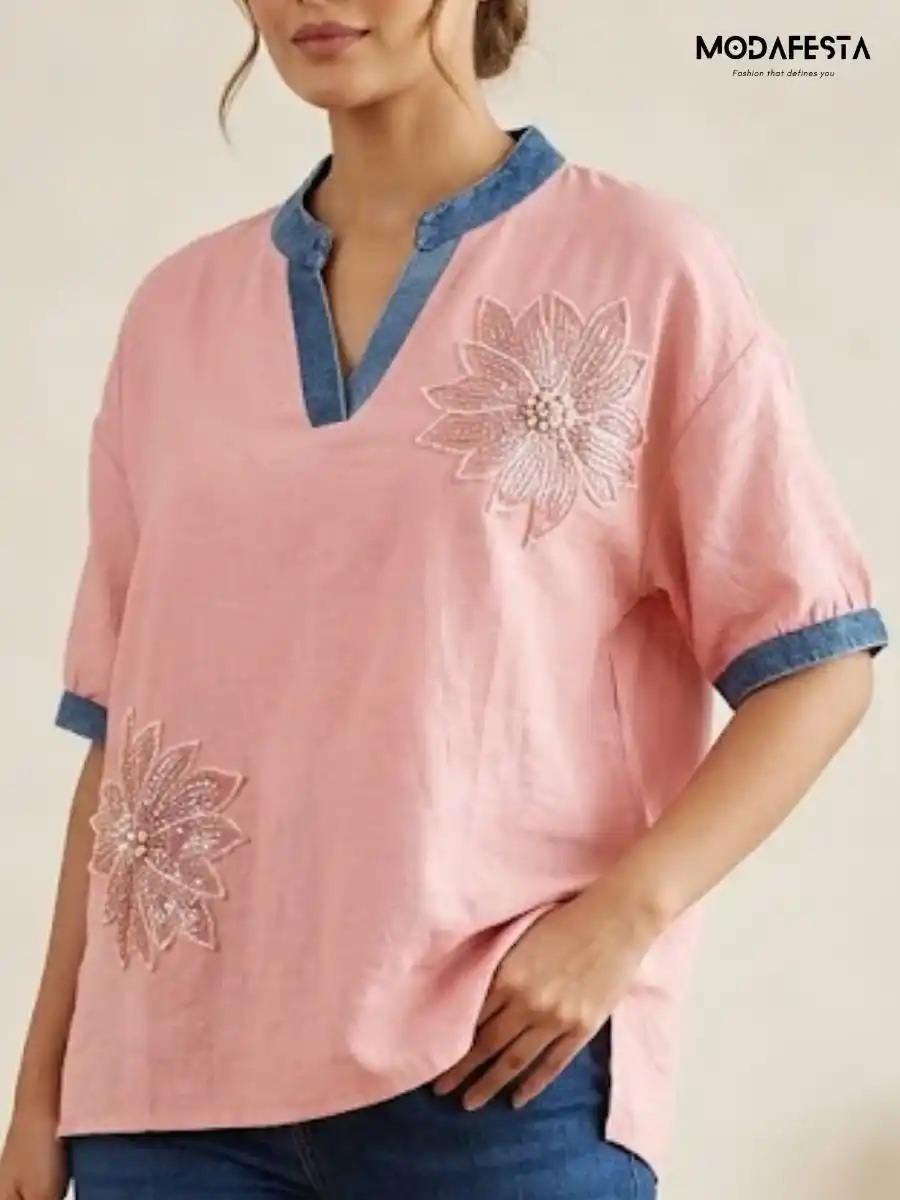 Elegant V Neck Denim Collar & Front Work