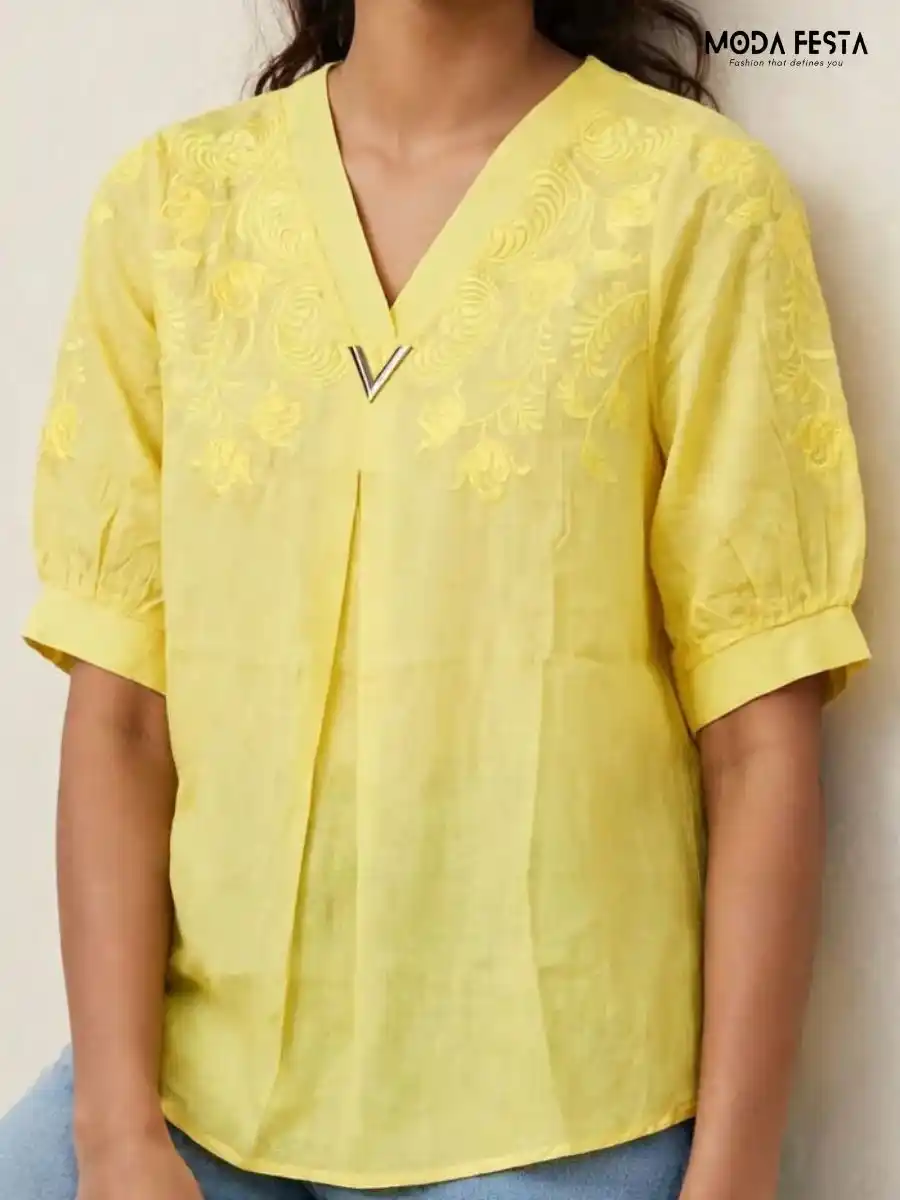ModaFesta -yellow-embroidered-v-neck-top