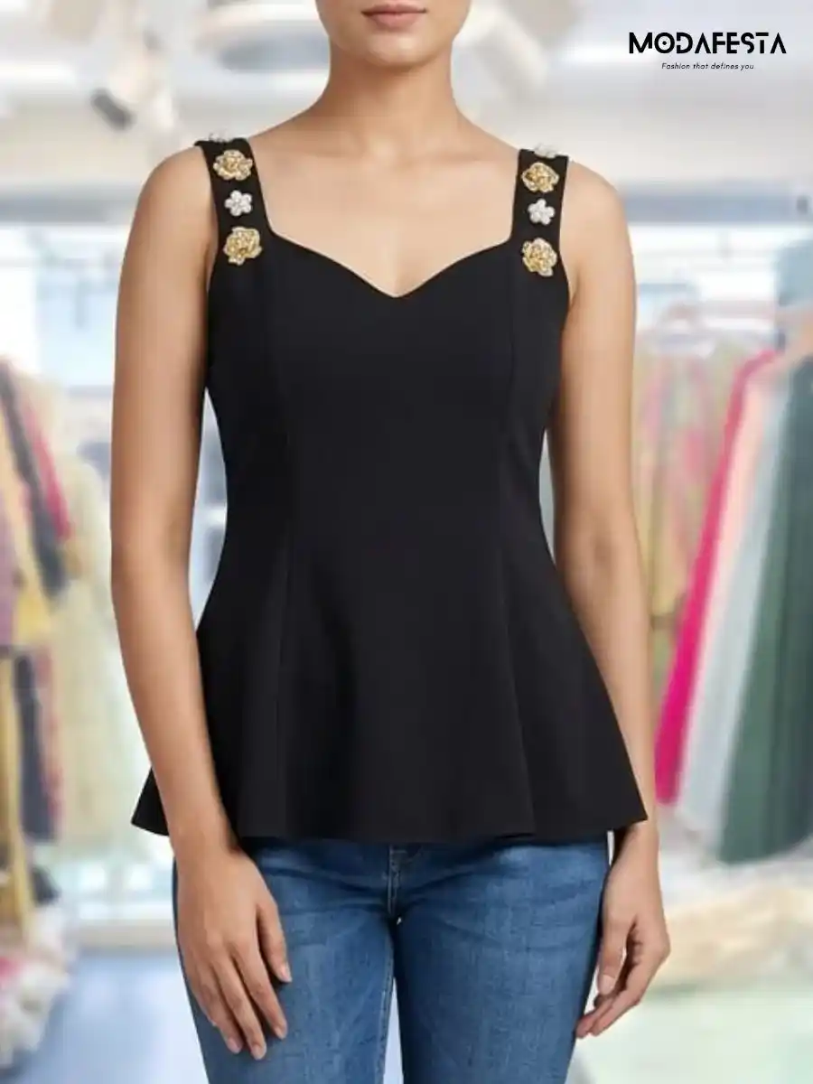 ModaFesta -elegant-a-line-party-top-with-sleeve-broach-black
