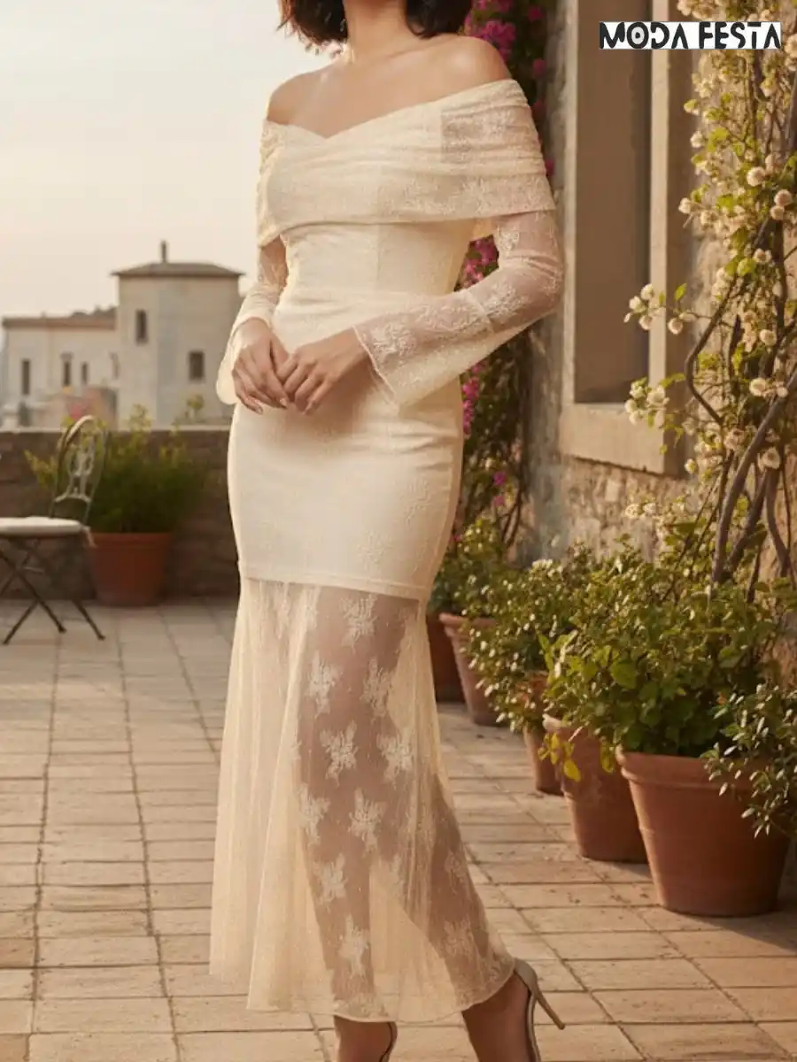 ModaFesta -elegant-off-shoulder-style-bodycon-dress-cream