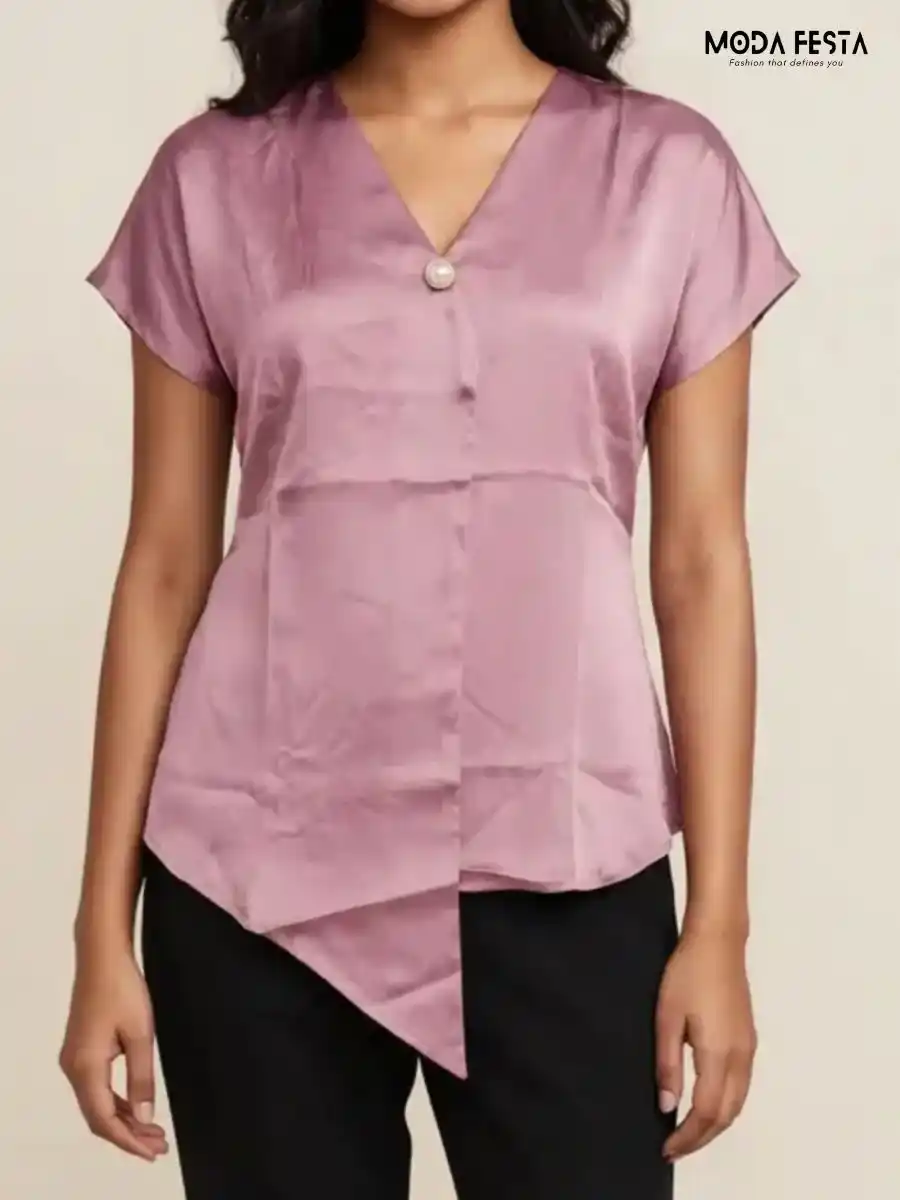 ModaFesta -mauve-satin-v-neck-short-sleeve-asymmetric-top