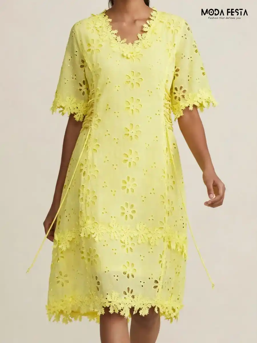 ModaFesta -yellow-laser-cut-eyelet-dress