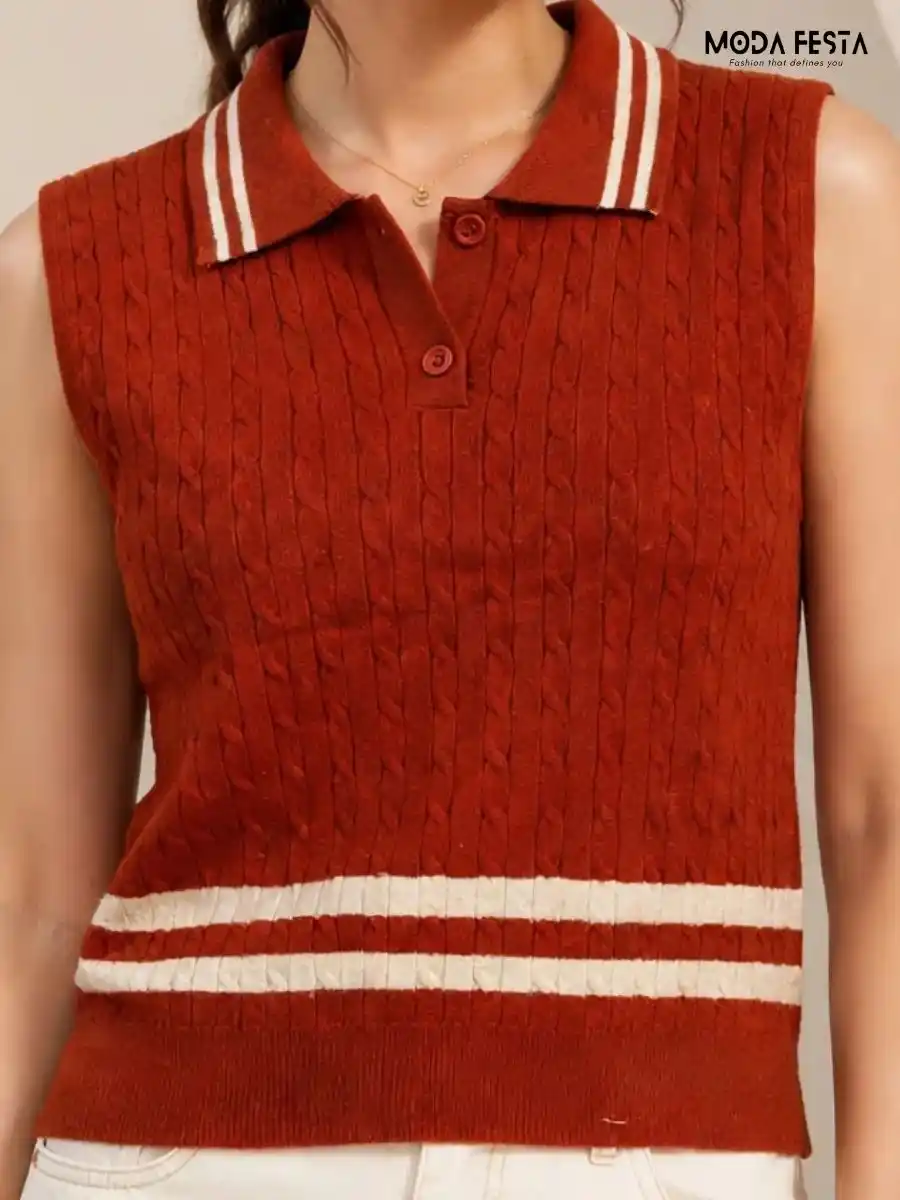 Red & White Striped Cable Knit Sleeveless Polo Top