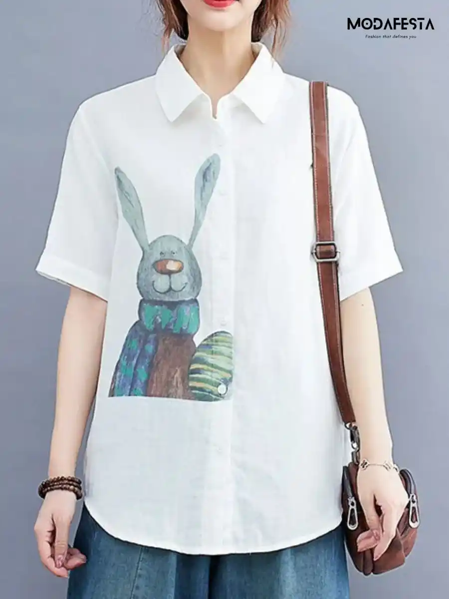 ModaFesta -elegant-rabbit-print-cotton-shirt-white