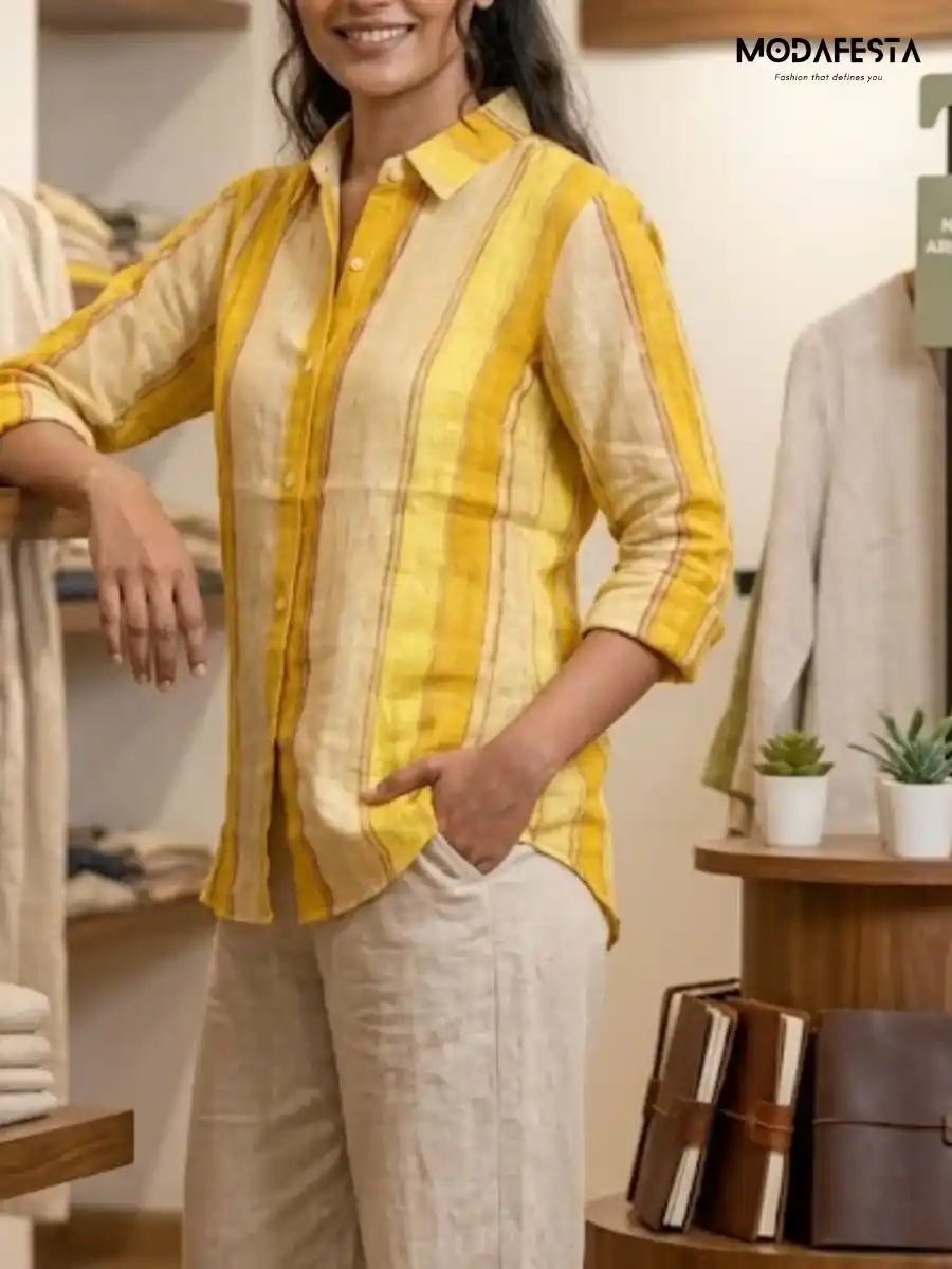 ModaFesta -elegant-yellow-striped-linen-shirt