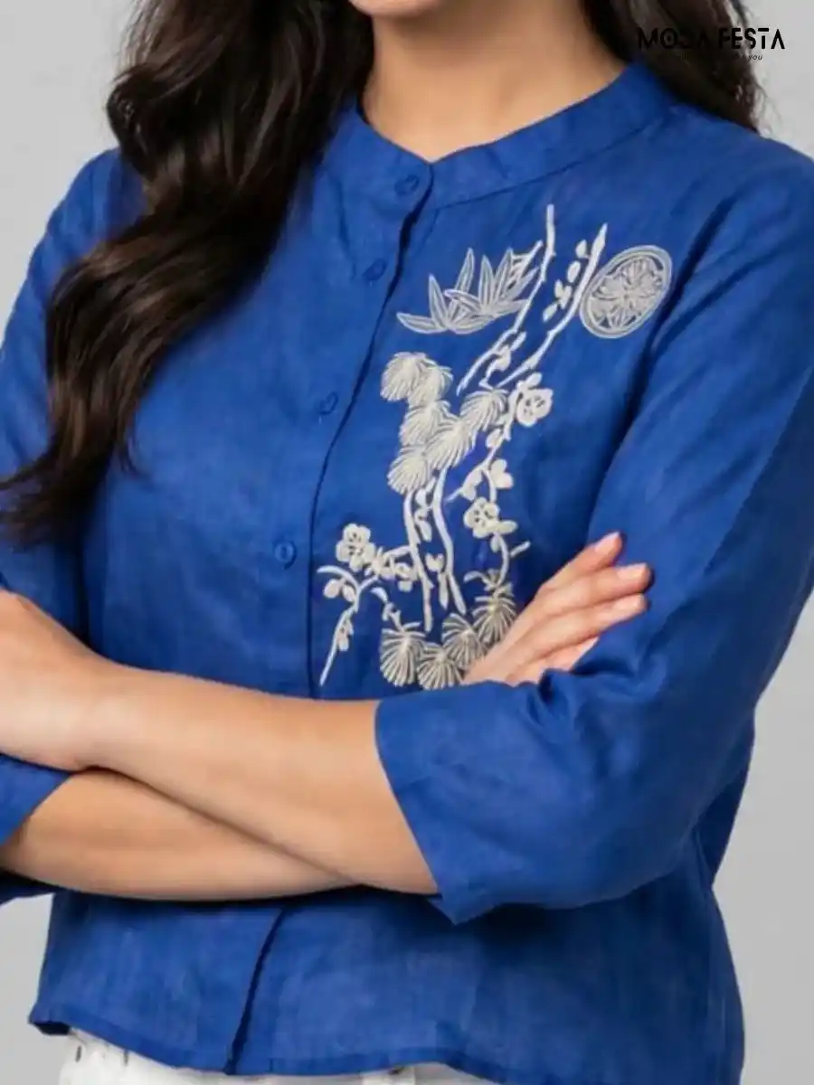ModaFesta -royal-blue-embroidered-button-down-top
