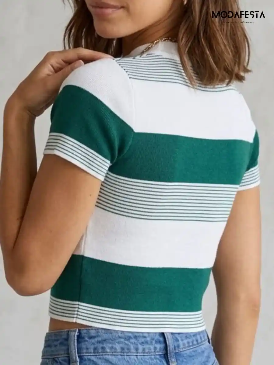 ModaFesta -elegant-green-and-white-striped-crop-t-shirt