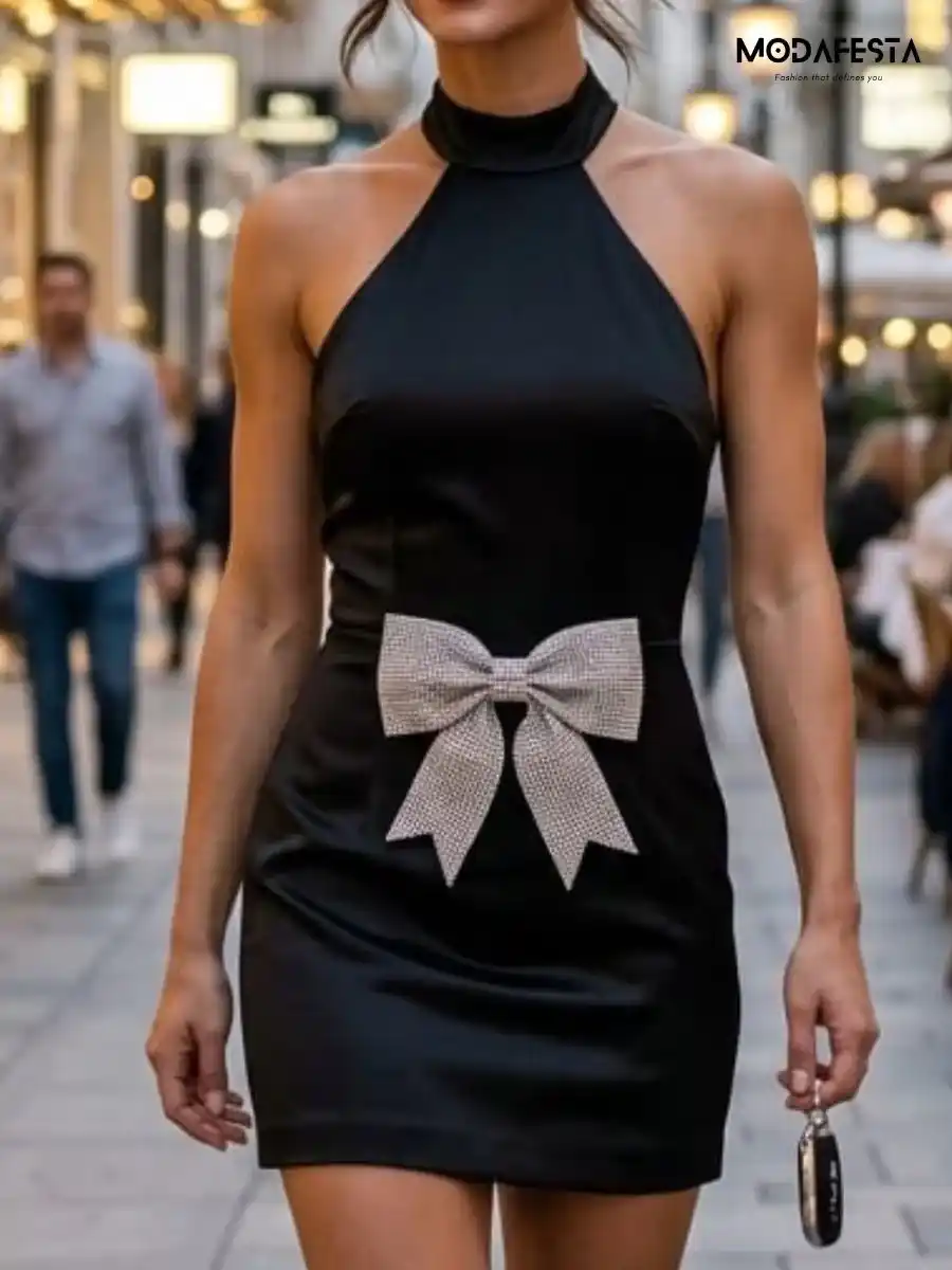 ModaFesta -elegant-halter-neck-rhinestone-bow-dress-black