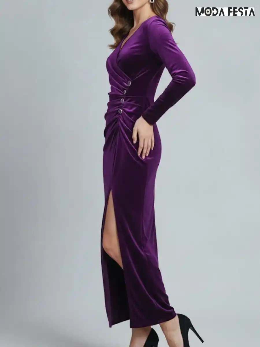 ModaFesta -stylish-ruched-slit-velvet-dress-purple