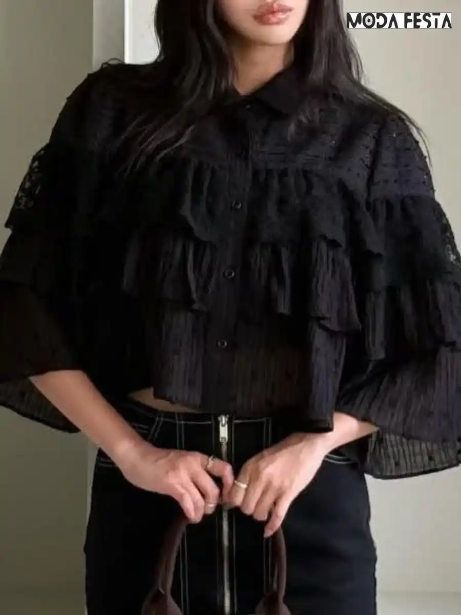 ModaFesta -elegant-ruffled-chiffon-shirt-black