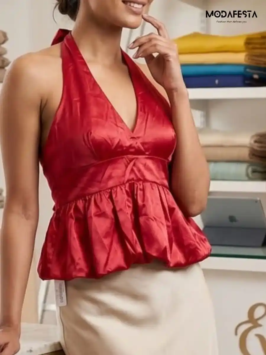 ModaFesta -classy-partywear-halter-neck-top-back-knot-style-red