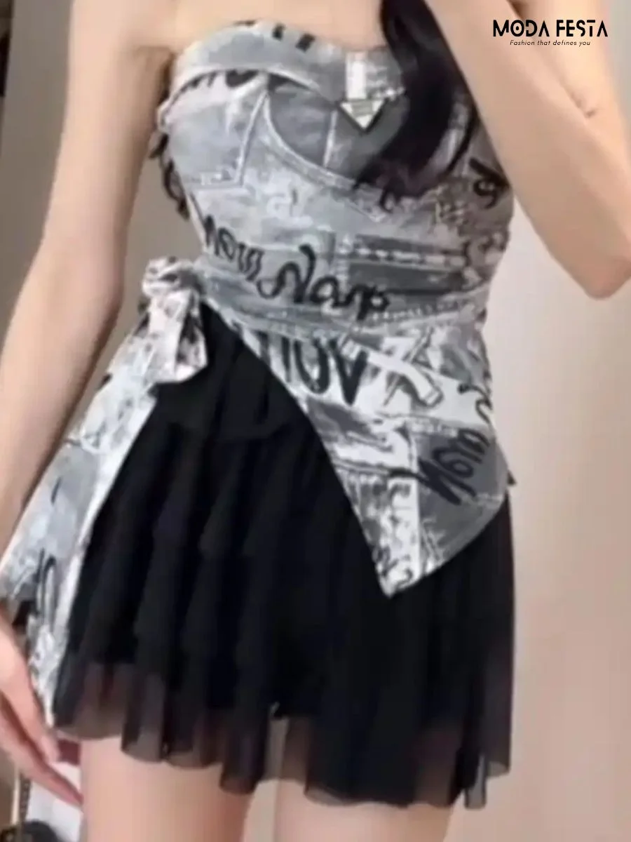 Newspaper Print Style Tube Top With Belt