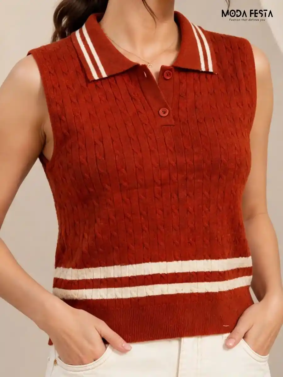 ModaFesta -red-white-striped-cable-knit-sleeveless-polo-top