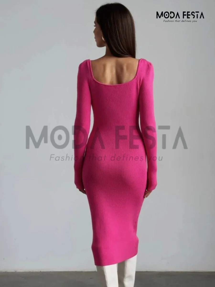 ModaFesta -elegant-sweetheart-neck-knitted-dress-pink