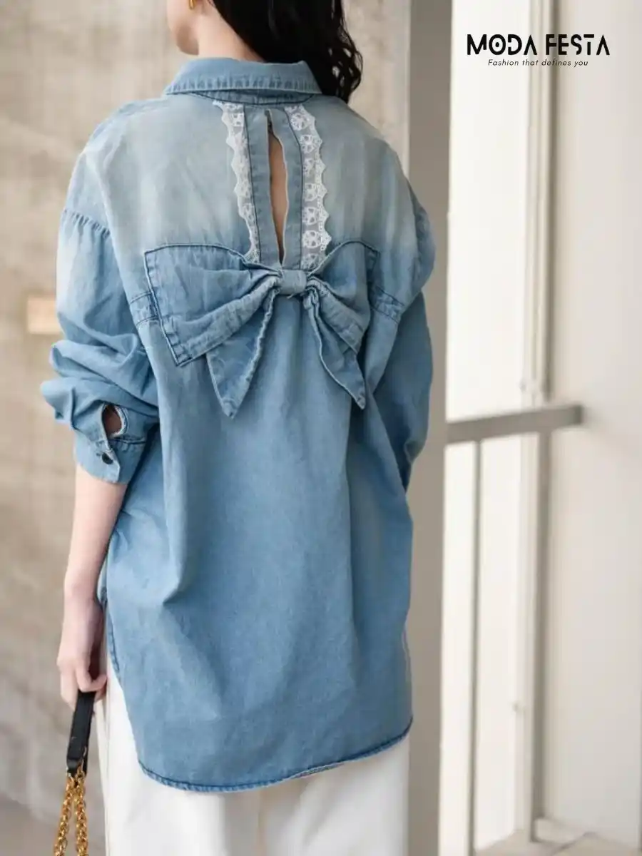 ModaFesta -elegant-back-bow-style-denim-shirt-blue