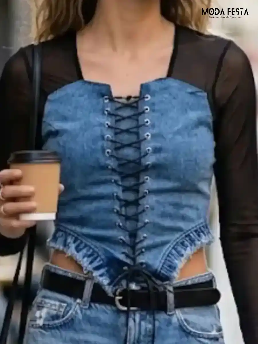 Lace-Up Denim Corset Mesh Top