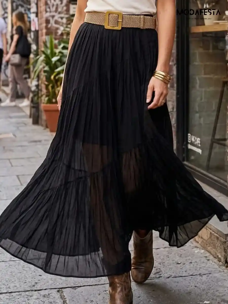 ModaFesta -elegant-cotton-long-skirt-with-belt-black