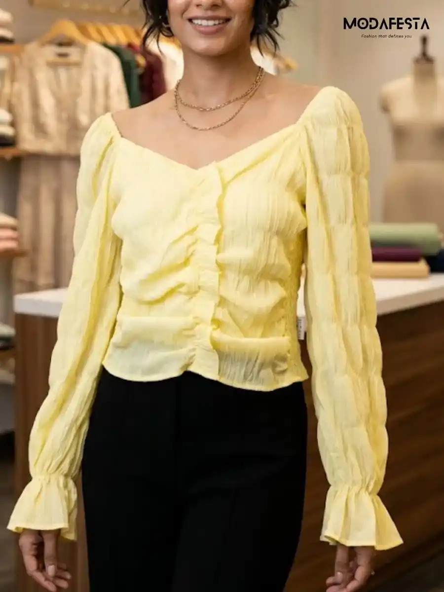 ModaFesta -elegant-smocked-peplum-off-shoulder-top-yellow