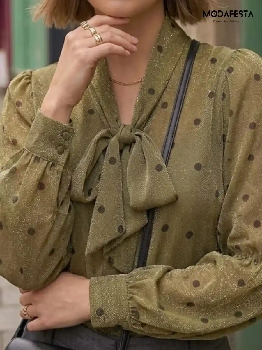 ModaFesta -elegant-chiffon-polka-dot-shirt-tie-up-neck-green