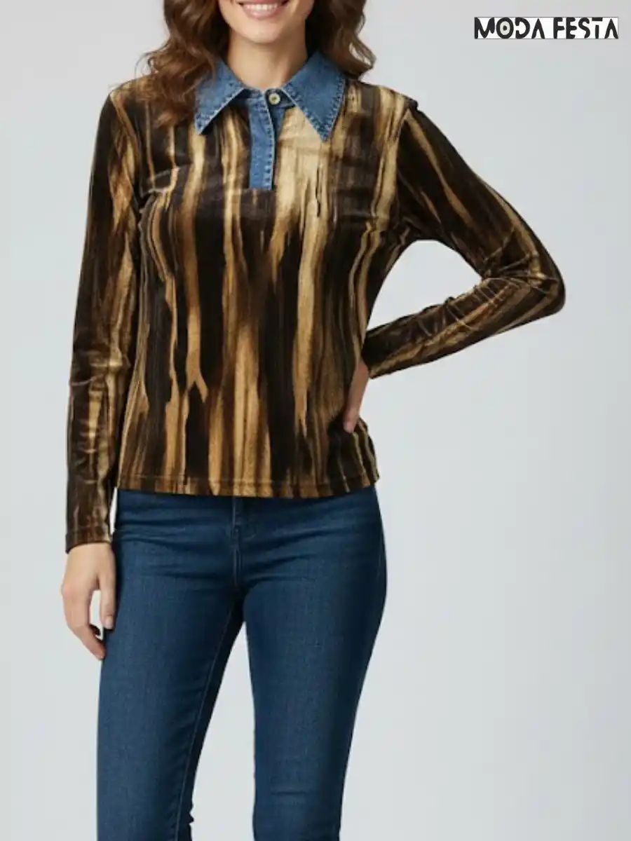 ModaFesta -abstract-print-top-with-denim-collared-brown