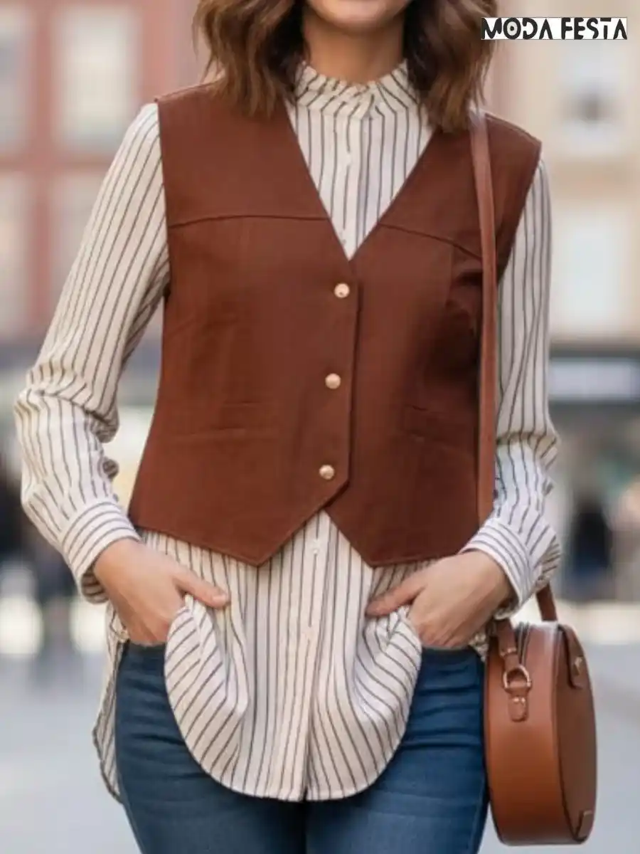 ModaFesta -elegant-style-high-neck-shirt-with-vest-brown