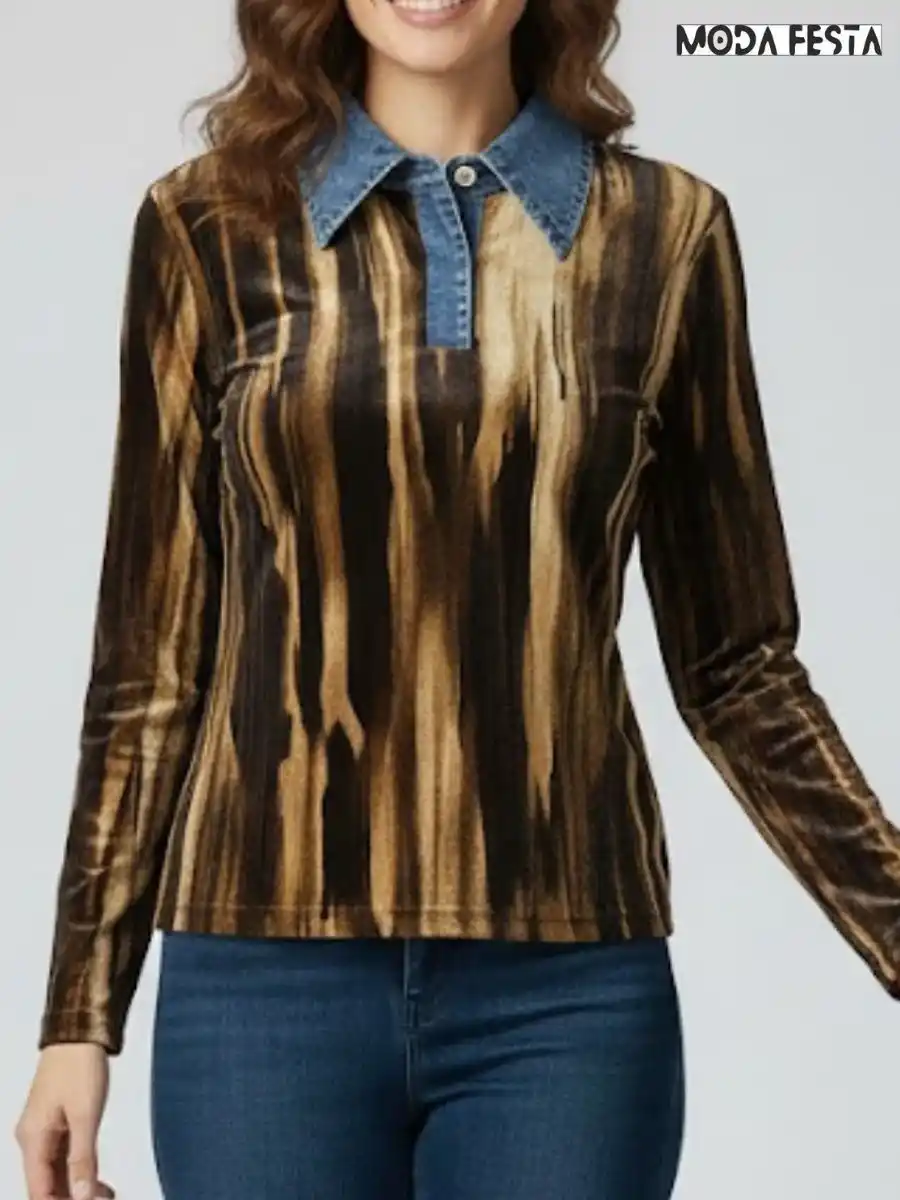 ModaFesta -abstract-print-top-with-denim-collared-brown