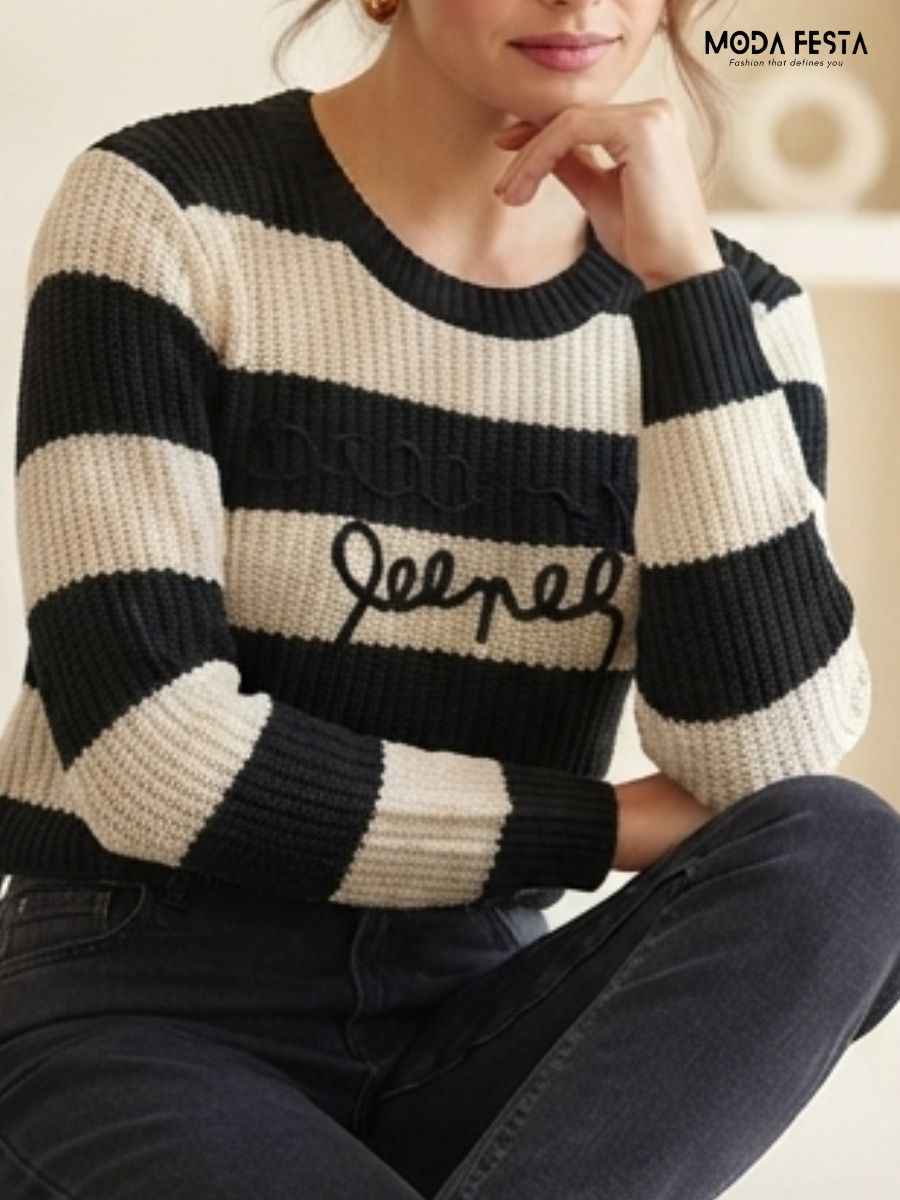 ModaFesta -black-beige-striped-embroidered-knit-top