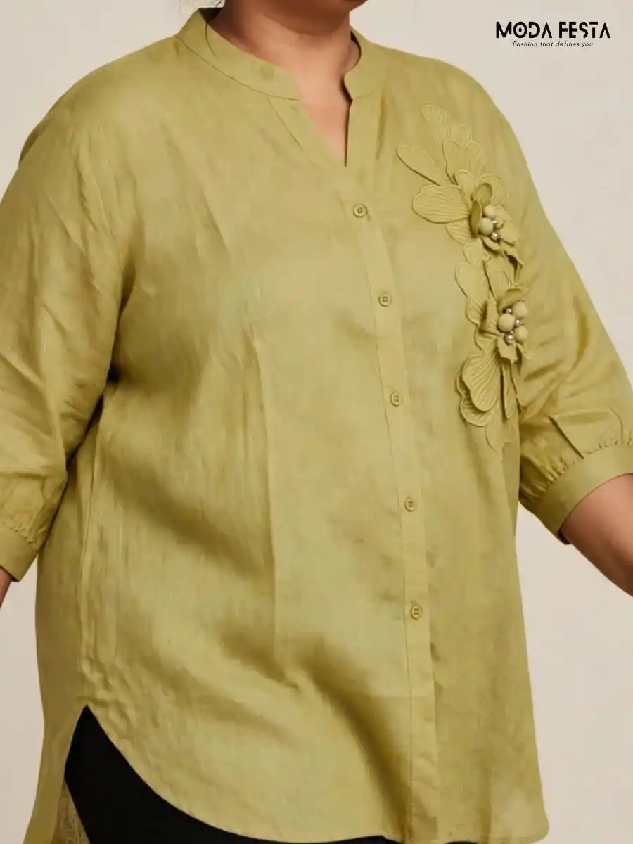 ModaFesta -sage-green-3d-floral-applique-casual-shirt