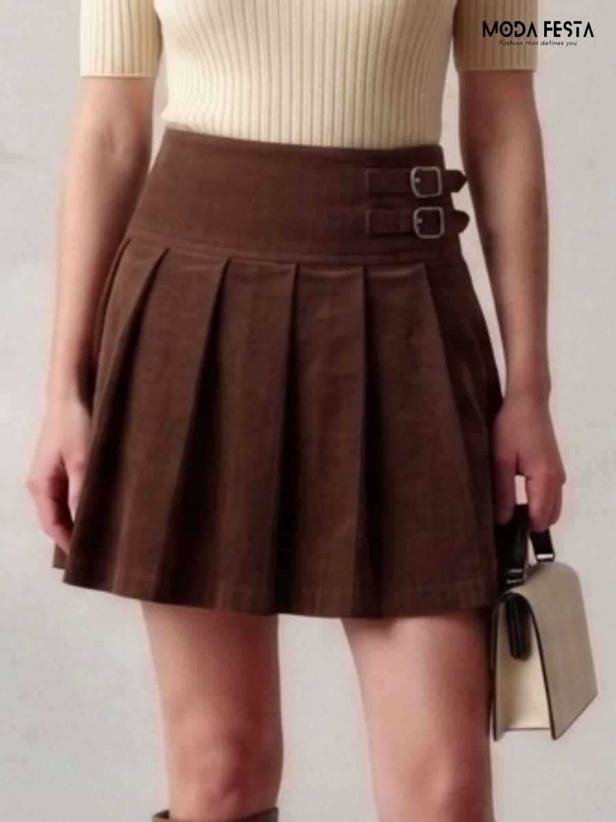 ModaFesta -brown-corduroy-pleated-mini-skirt-with-buckle-detail