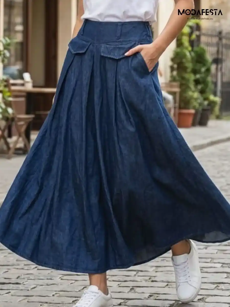 ModaFesta -elegant-poket-style-flair-skirt-navy-blue