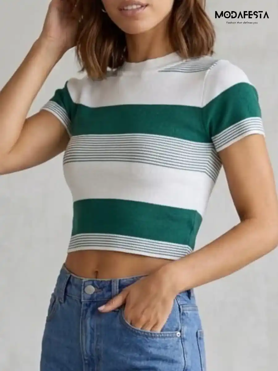 ModaFesta -elegant-green-and-white-striped-crop-t-shirt