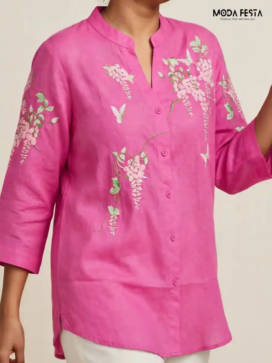 ModaFesta -pink-floral-and-butterfly-embroidered-casual-shirt