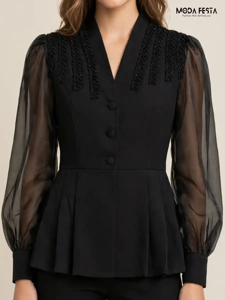 Black Beaded Mandarin V-Neck Organza Sleeve Peplum Top