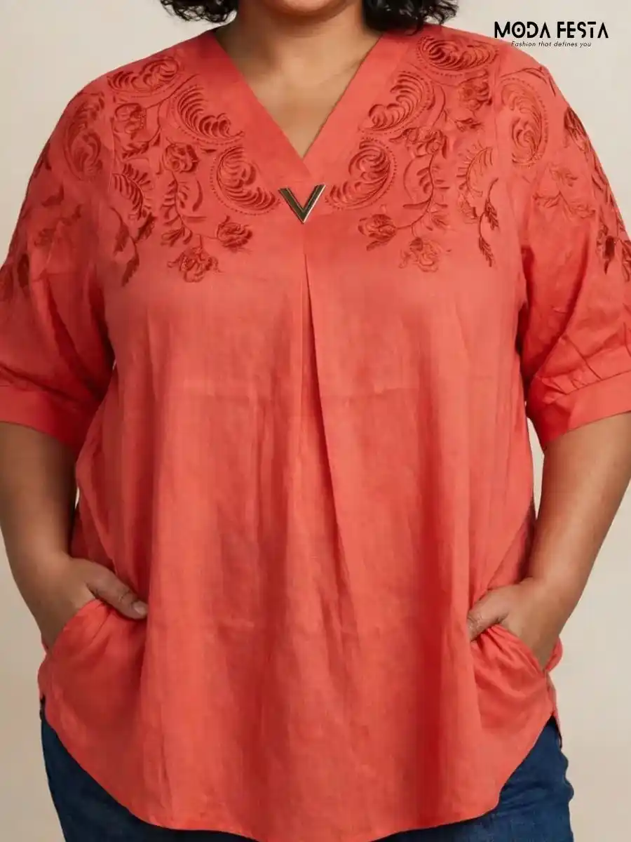 ModaFesta -coral-embroidered-v-neck-top