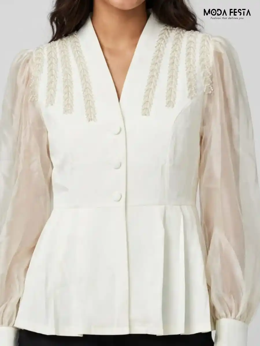 ModaFesta -white-beaded-mandarin-v-neck-organza-sleeve-peplum-top