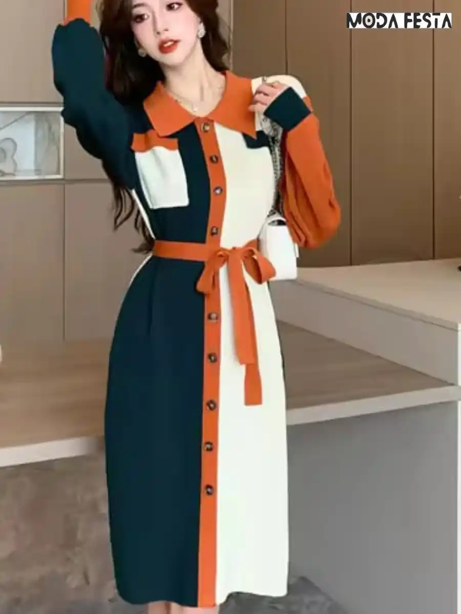 ModaFesta -knit-color-block-patchwork-dress-beige