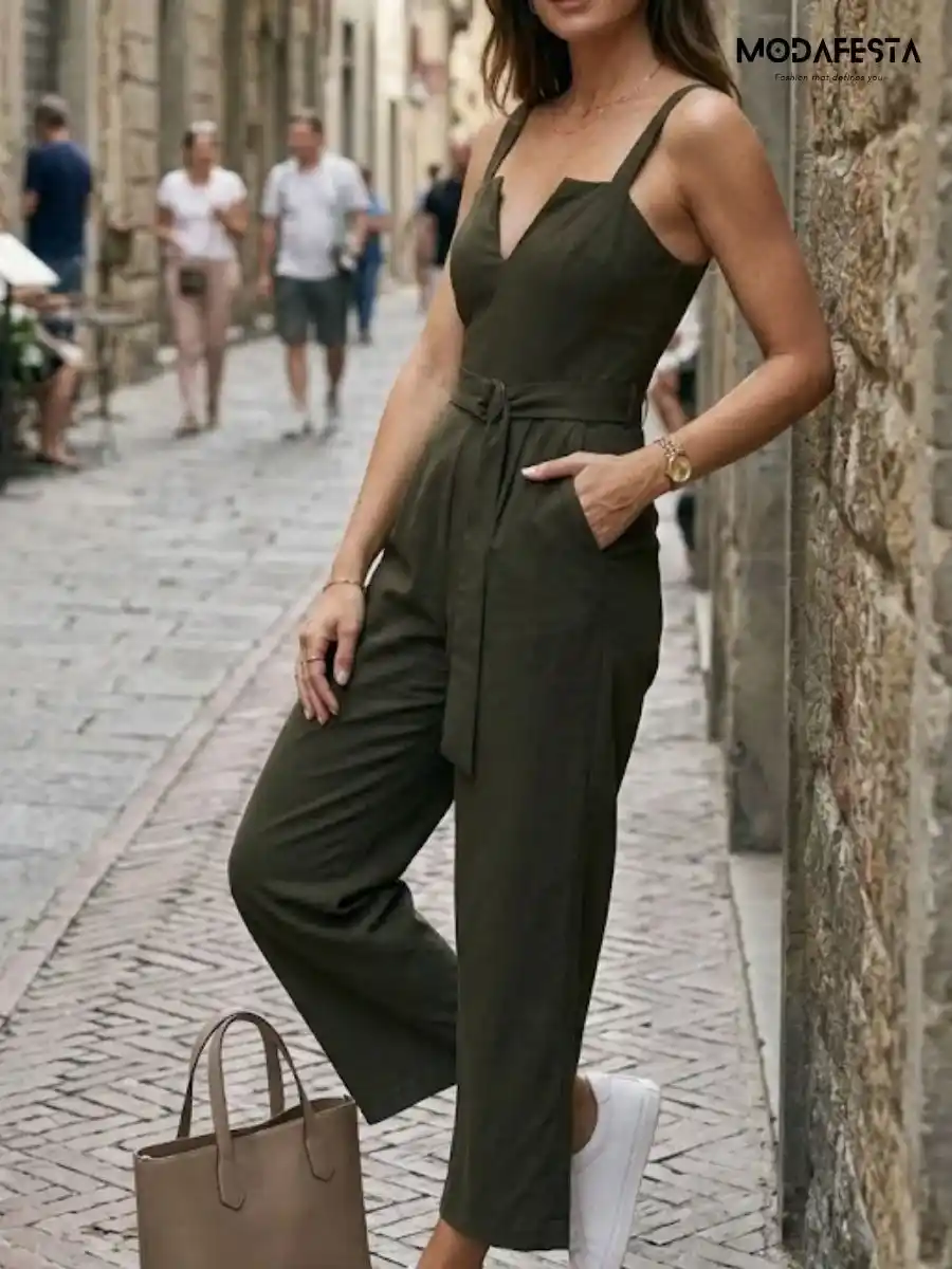 ModaFesta -elegant-jumpsuits-casual-v-neck-olive-green