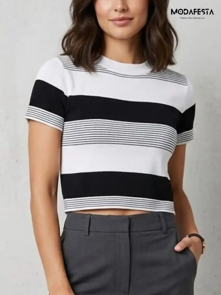 ModaFesta -elegant-black-and-white-striped-crop-t-shirt