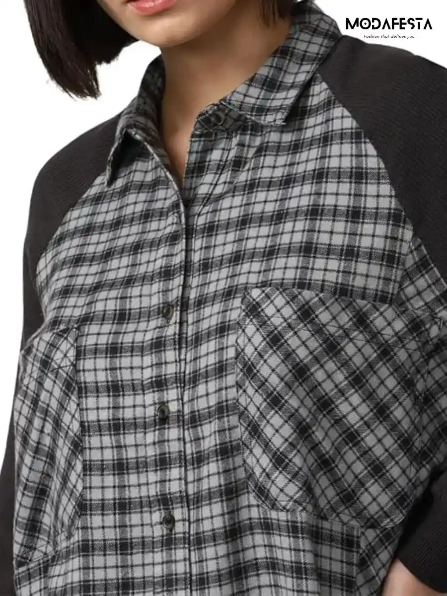 ModaFesta -elegant-chex-mixed-media-raglan-plaid-shirt-grey