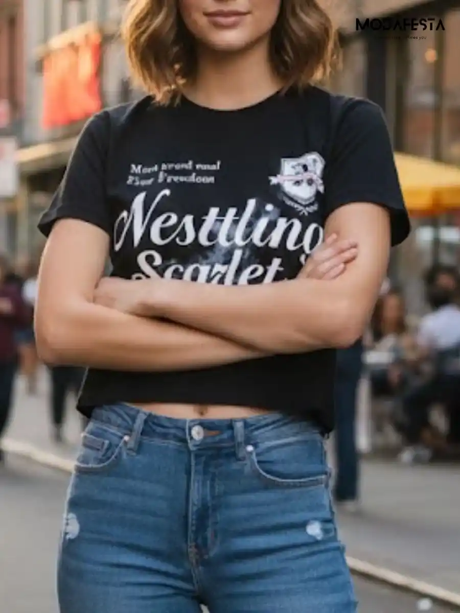 ModaFesta -elegant-lettering-print-crop-t-shirt-black