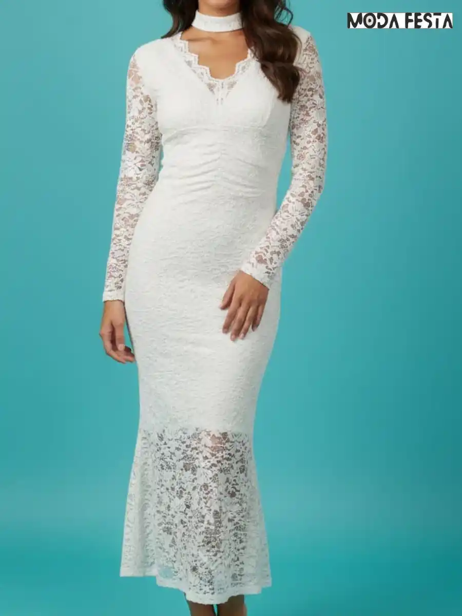 Elegant V Neck Bodycon Lace Dress