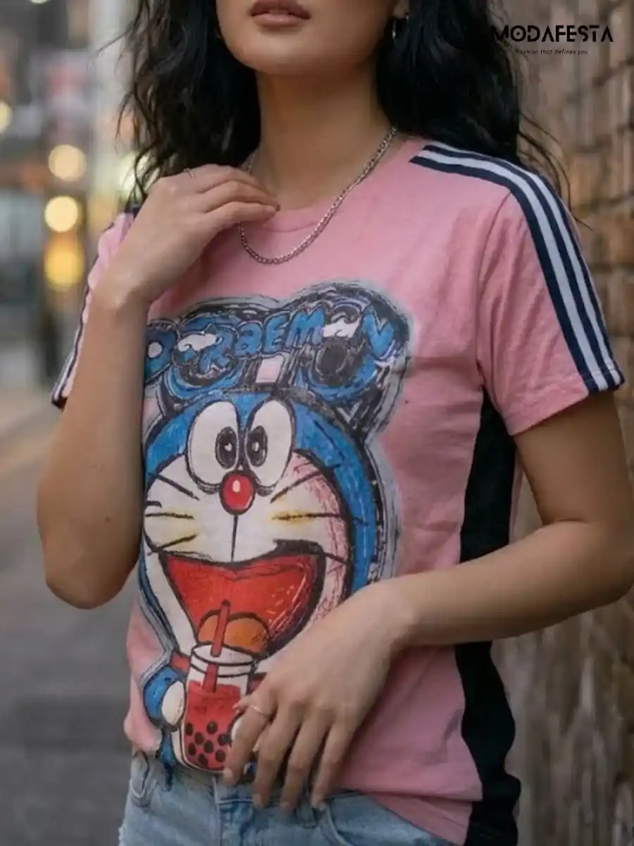 ModaFesta -elegant-doremon-graphic-t-shirt-pink